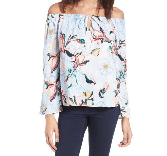 cupcakes & cashmere Tops - NWT Cupcake & Cashmere Bendita Floral Off Shoulder Top Size Large Blue